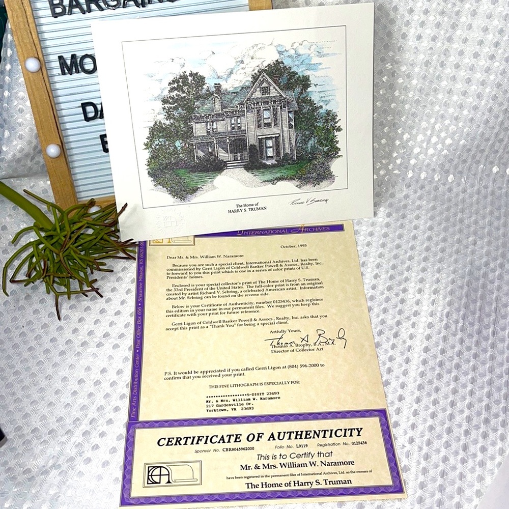 Home of Harry S. Truman, Independence Mo, 8x10 Lithograph, Int. Arc, COA Vintage